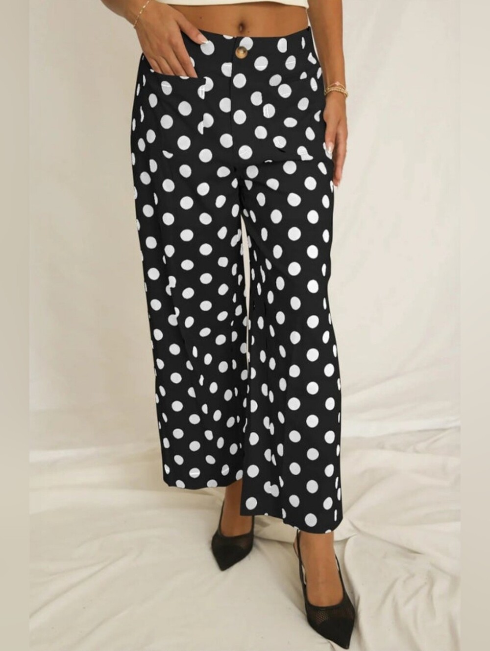 Black Polka Dot Wide-Leg Cropped Pants